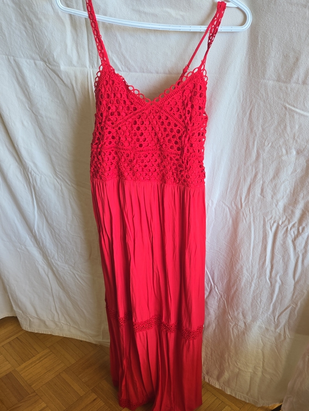 Emma & Michele Crochet-Bodice Spaghetti-Strap Maxi Dress in Bright Red